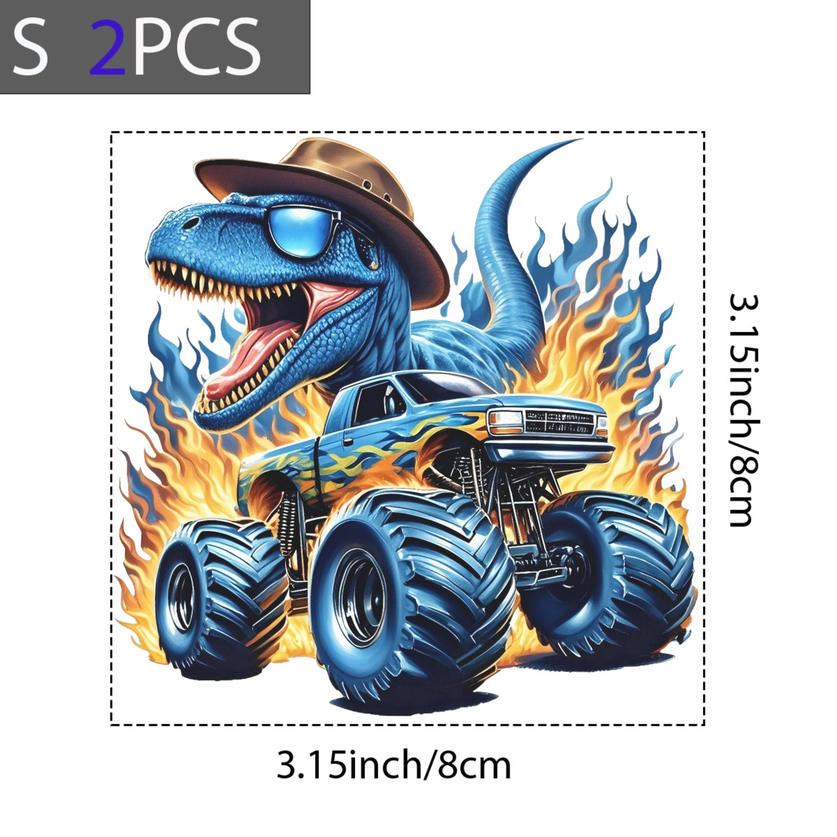 Blue Dinosaur Monster Truck DTF Iron-On Sticker , 'Roaring Flames Adventure' Design,Automotive Decal for T-Shirts, Hoodies