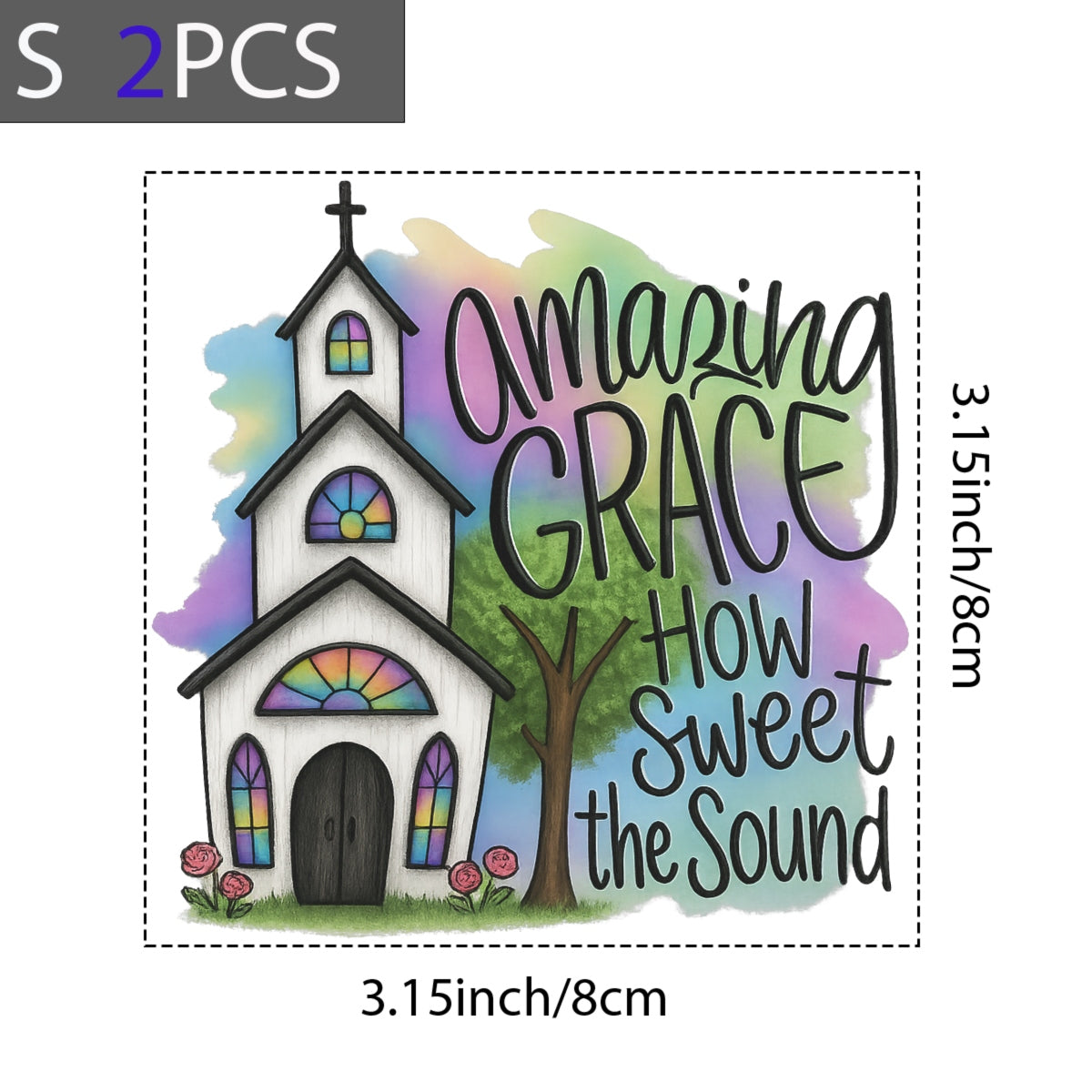 DTF Heat Transfer Iron On Sticker , Gothic Church with Stained Glass and "Amazing Grace" Quote ,  Pink Roses and Green Tree on Pastel Watercolor Background , Inspirational Christian Merch for T-Shirts, Hoodies, Tote Bags