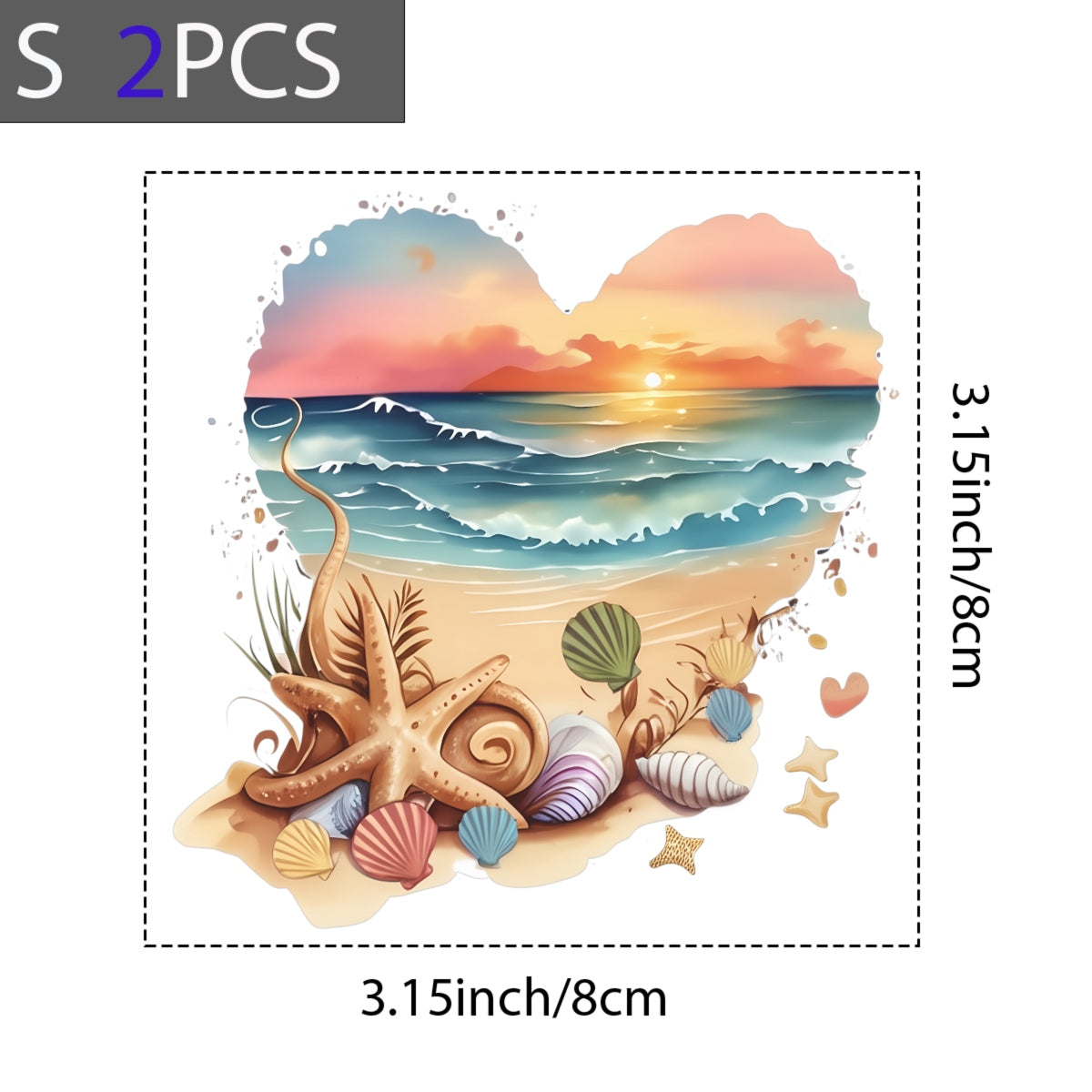DTF Heat Transfer Iron On Sticker ,  Heart-Shaped Beach Sunset Scene with Seashells and Starfish , Tropical Vacation Merch for Clothing, Tote Bags
