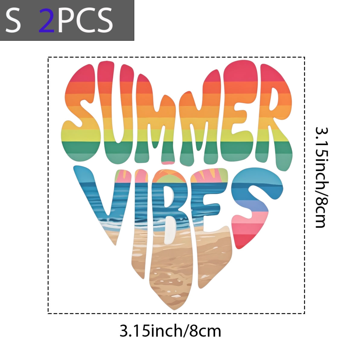Summer Vibes DTF Iron-On Transfer ,  Rainbow Gradient Heart Design with Beach Scene ,  'SUMMER VIBES' Text Sticker for T-Shirts, Hoodies, Tote Bags