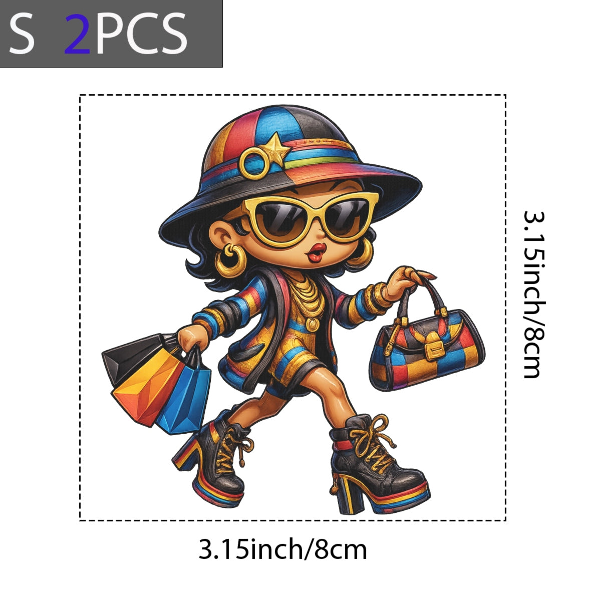 DTF Heat Transfer Iron On Sticker, Cartoon Lady with Striped Jacket & Gold Star Hat, Rainbow High-Heel Boots & Shopping Bags Design, Bold Fashion Decal for Clothing, Tote Bags