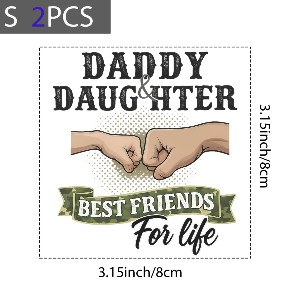DTF Heat Transfer Iron On Sticker , "DADDY and DAUGHTER" Fist Bump Friendship Design , Vintage Polka Dot Background with Camouflage Ribbon and Military-Inspired Aesthetic ,  Family Bonding Apparel Decal for T-Shirts, Hoodies, Tote Bags