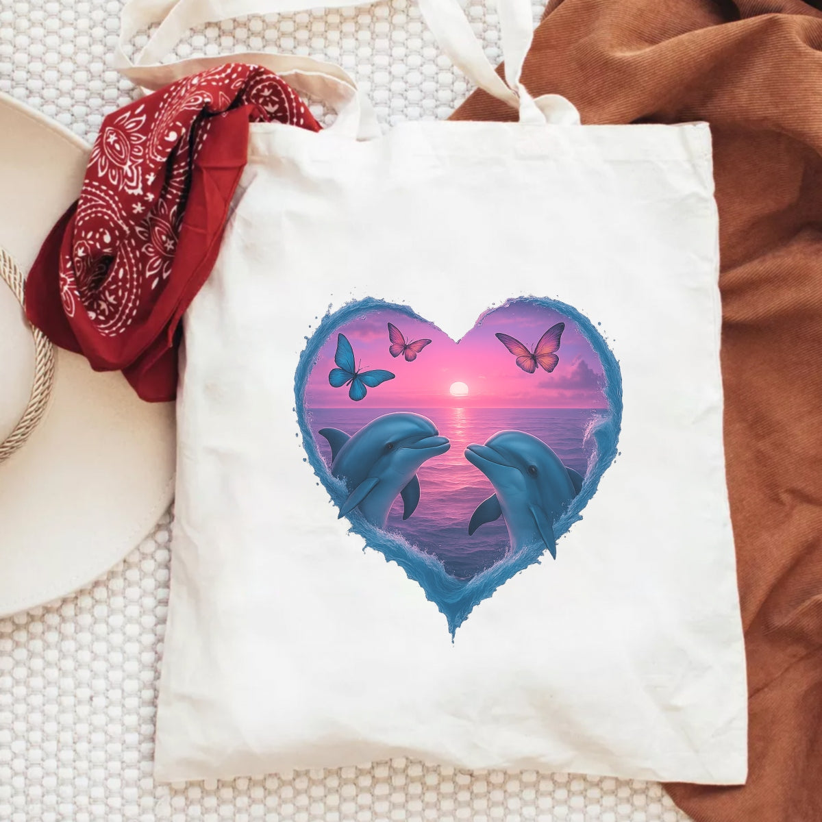 DTF Heat Transfer Iron On Sticker,Romantic Dolphins Heart with Sunset Ocean and Butterflies Design for DIY Shirt, Beachwear, Couple Gift, Aesthetic Summer Vibe