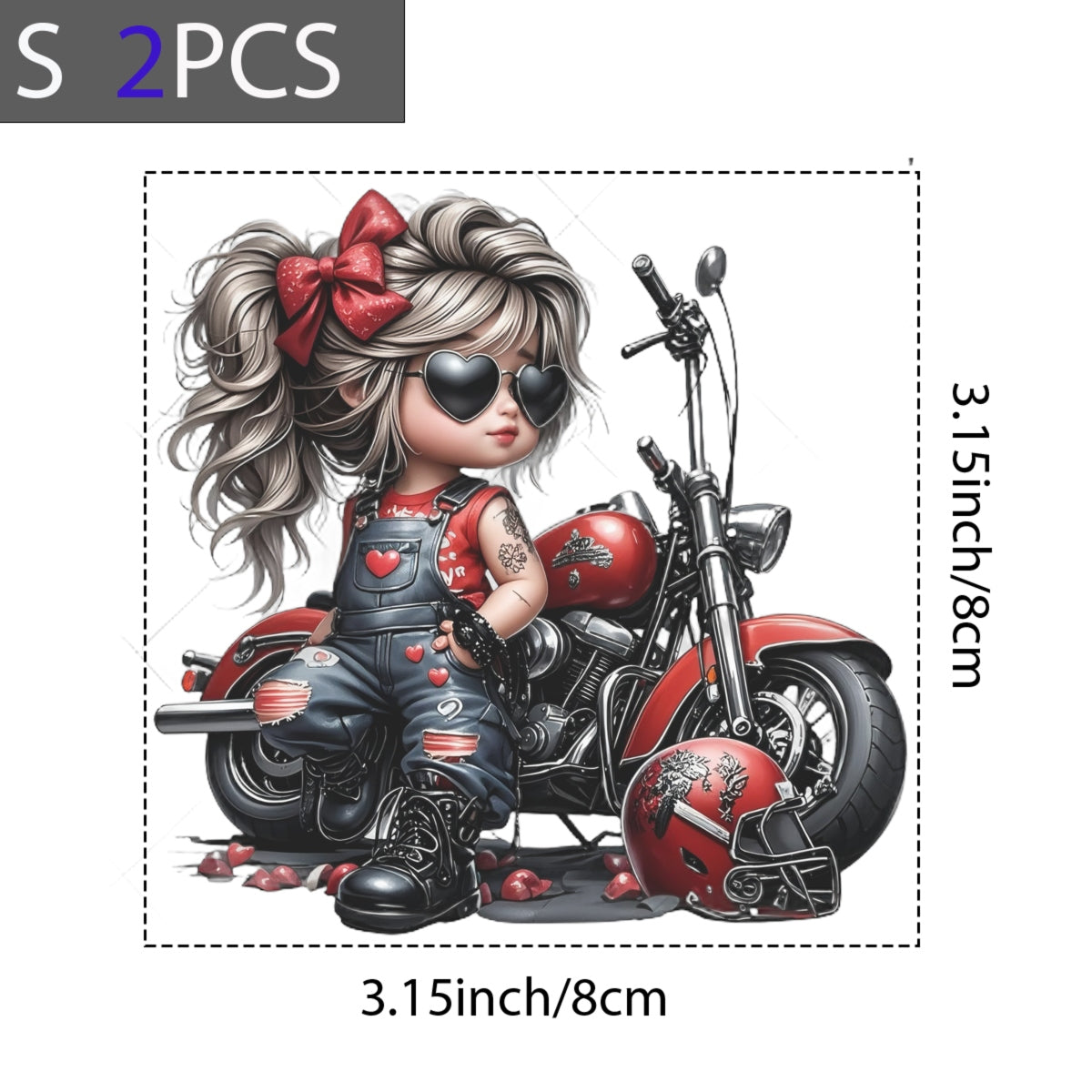 DTF Heat Transfer Iron On Sticker, Cool Biker Style Little Biker with Heart Sunglasses and Red Denim Overalls, Decal for Clothing, Tote Bags