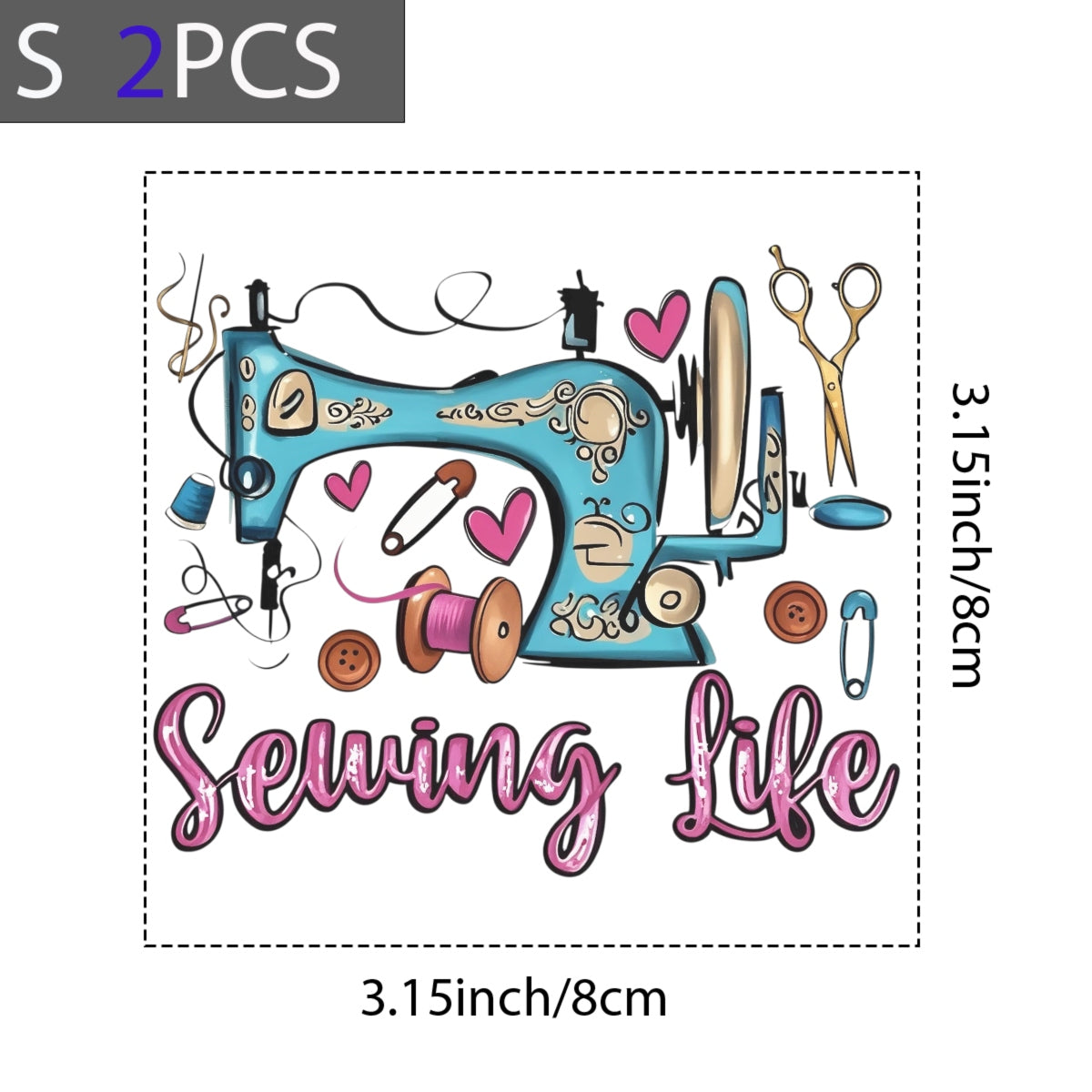 Vintage Sewing Machine DTF Transfer Decal, DIY Craft Embroidery Sticker, Pink Blue Heart Button Design for Apparel, Tote Bags, Wall Art, Easy to Apply Vintage Craft Supplies, Sewing Life Art Sticker