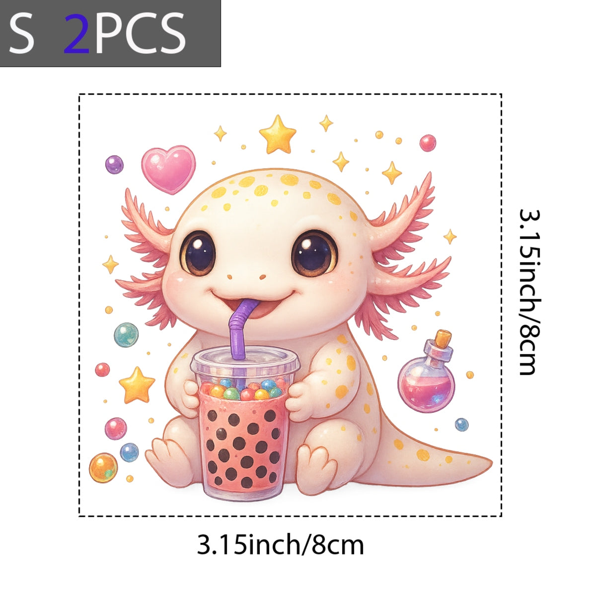 Cute Axolotl Boba Tea DTF Transfer, Kawaii Bubble Tea Iron-On Patch for T-Shirts, Hoodies, Totes,Heat Press Vinyl for DIY Clothing | Anime Style Animal Sticker Decal