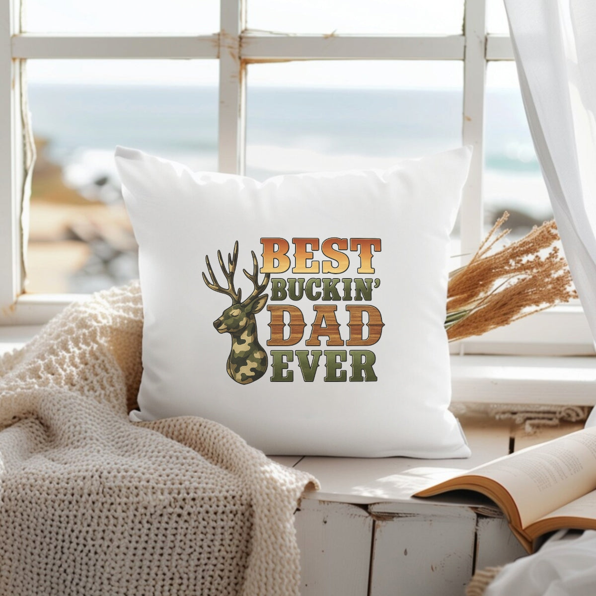 DTF Heat Transfer Iron On Sticker , Camouflage Deer Head with "BEST BUCKIN' DAD EVER" Slogan , Forest Camo Lettering & Woodgrain Textured Typography Father’s Day Gift Sticker for Hunting Apparel, Hoodies, Tote Bags