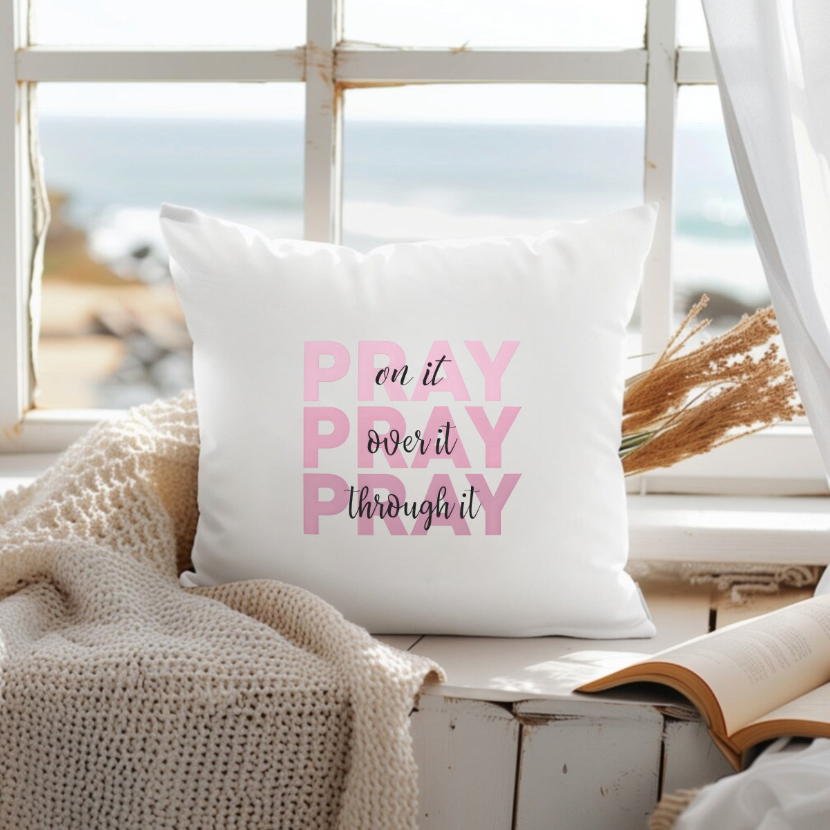 DTF Heat Transfer Iron On Sticker ,  Minimalist Pink PRAY Quote with Layered Cursive, Spiritual Encouragement Wall Decal for Clothing, Tote Bags, Hoodies