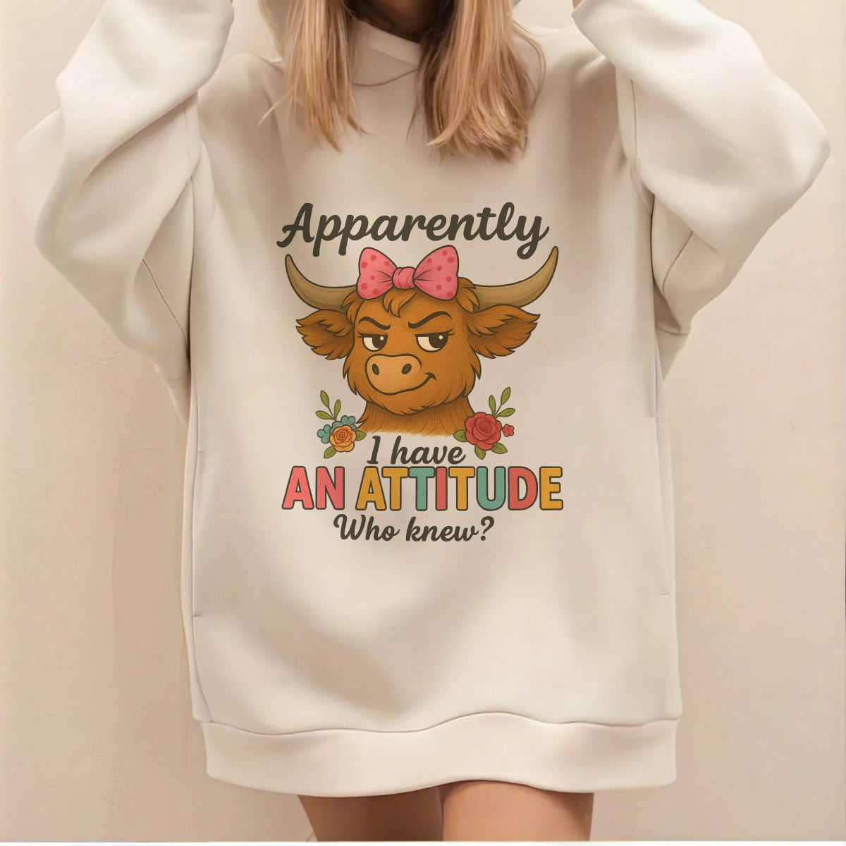 DTF Funny Highland Cow Iron-On Transfer “Apparently I Have an Attitude” Heat Press Decal, Sassy Cow with Bow, Full-Color DTF Print for DIY T-Shirts, Bags