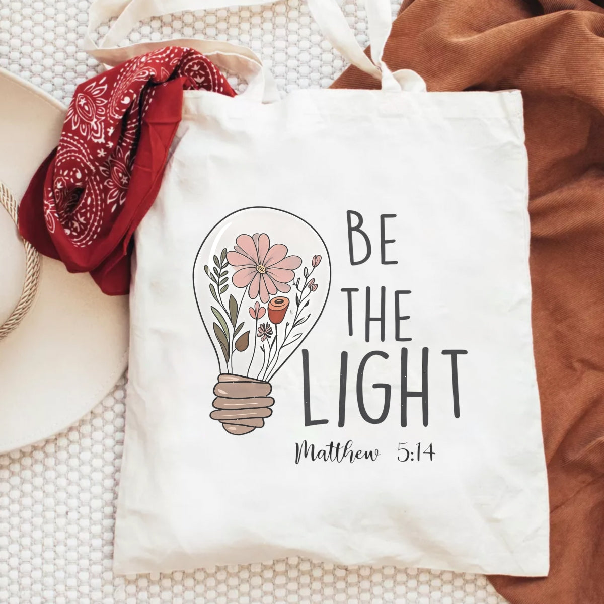 DTF Heat Transfer Iron On Sticker,  Floral Lightbulb Scripture Art with "BE THE LIGHT" & Matthew 5:14,   Decal for Clothing, Tote Bags