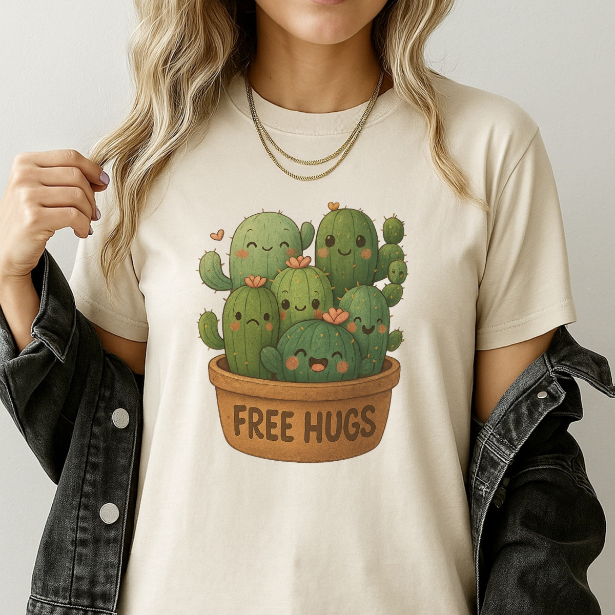 Cute Cactus "Free Hugs" Iron-On Transfer,Funny DTF Heat Transfer Patch for T-Shirts, Tote Bags, Hoodies