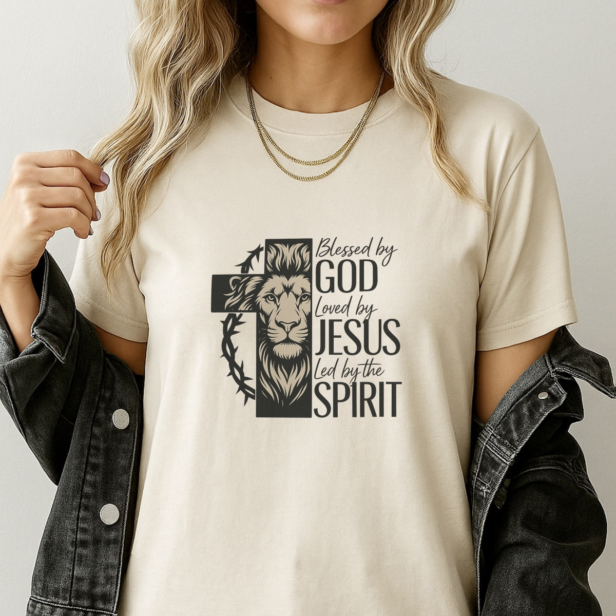 Christian Lion Cross DTF Transfer, Blessed by God, Loved by Jesus, Led by the Spirit , Heat Press Iron-On for T-Shirts, Hoodies, Tote Bags