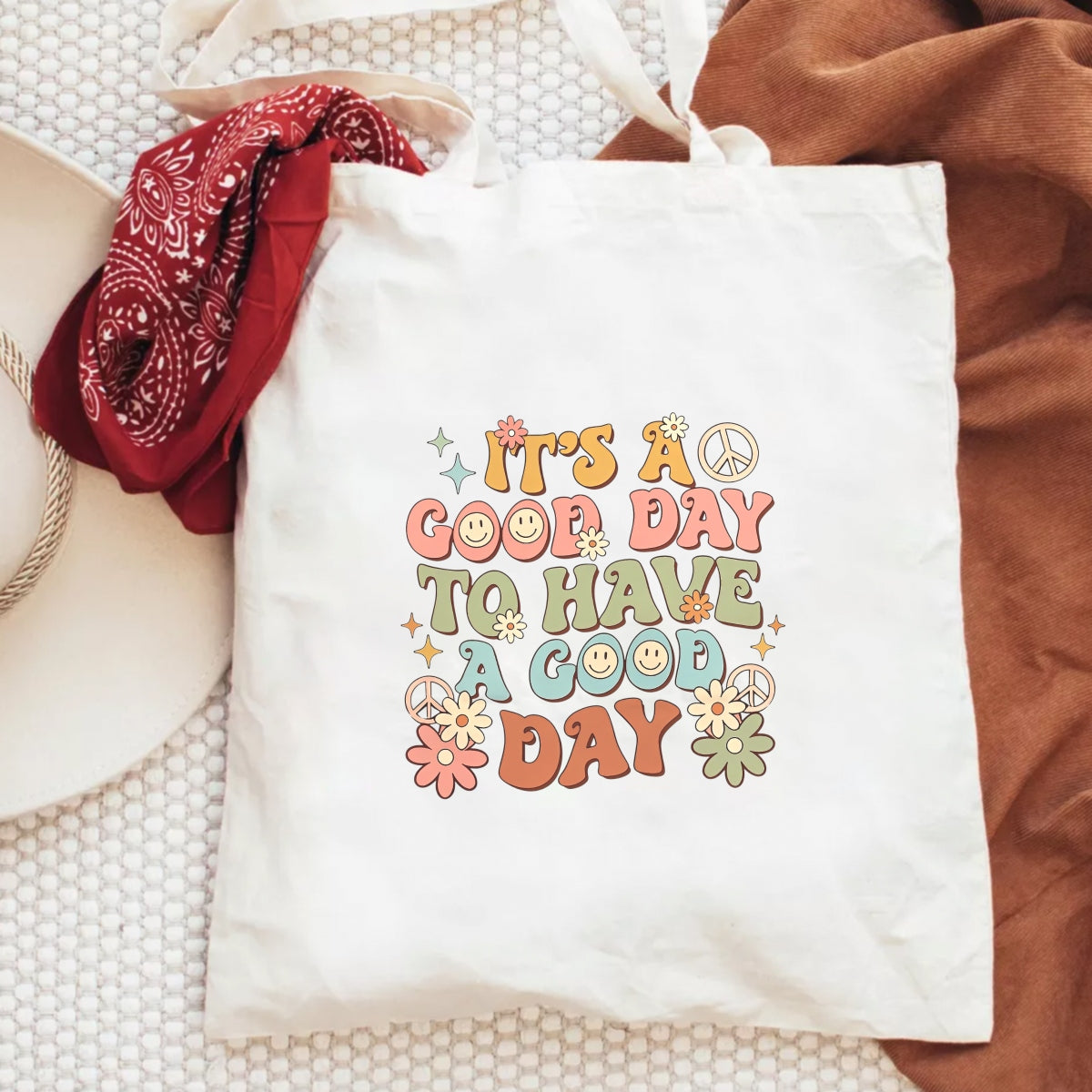 DFT Iron-on TransfersGroovy Peace Flower DTF Iron-On Transfer Sticker,'It's a Good Day' Retro Hippie Design,Vibrant Smiley Face & Floral Motif for Apparel, Tote Bags