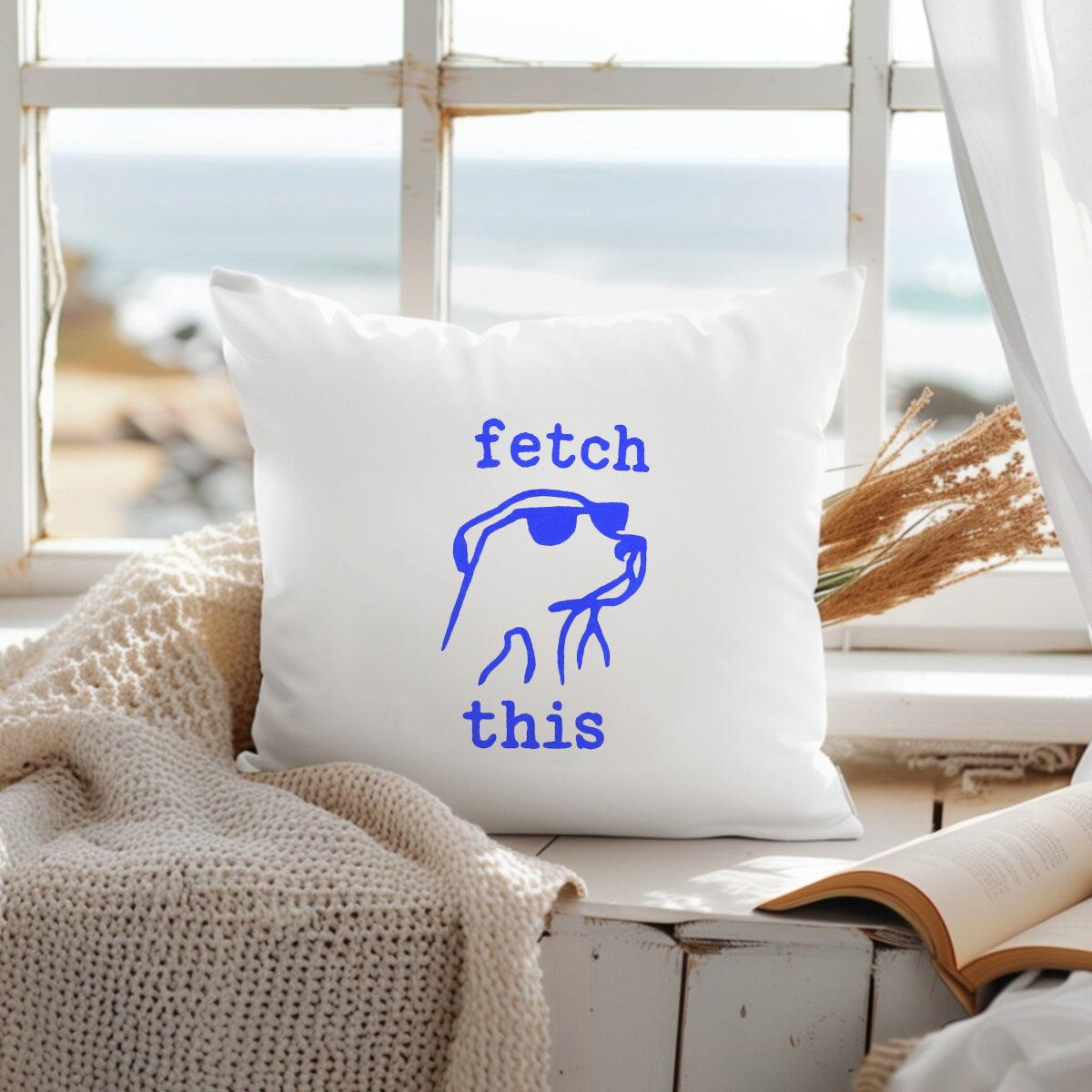 DTF Heat Transfer Iron On Sticker,  Chill Pup with Sunglasses ,  "Fetch This" Bold Blue Typography ,  Modern Minimalist Pet Sticker for Party Outfits, Tote Bags and DIY Crafts
