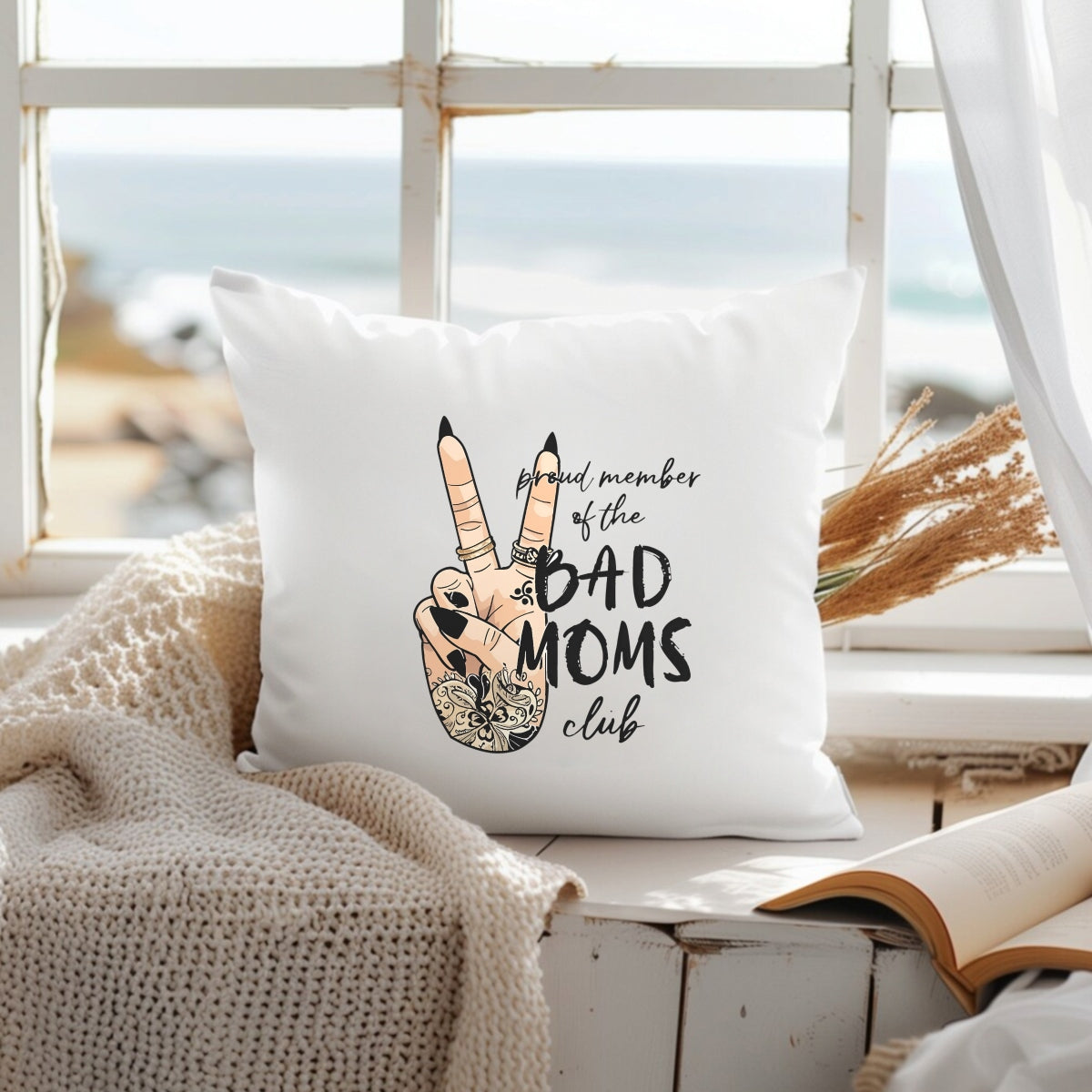 DTF Heat Transfer Iron On Sticker, "Bad Moms Club" Hand Gesture Art with Henna Floral Patterns & Peace Sign,Empowerment Slogan Sticker for Clothing, Tote Bags