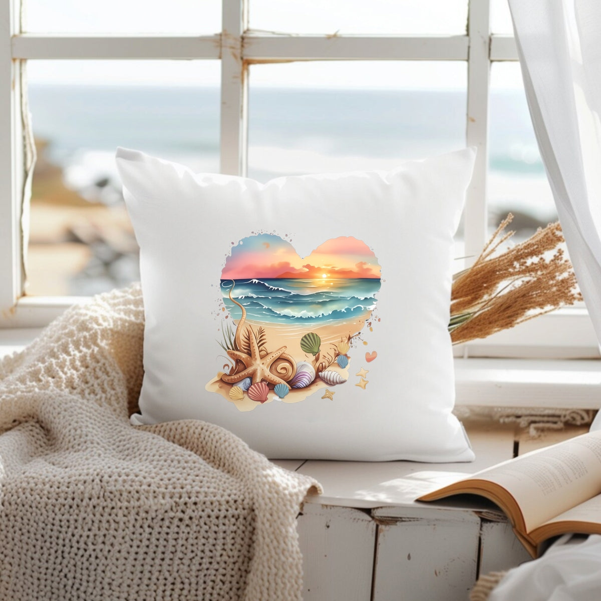 DTF Heat Transfer Iron On Sticker ,  Heart-Shaped Beach Sunset Scene with Seashells and Starfish , Tropical Vacation Merch for Clothing, Tote Bags