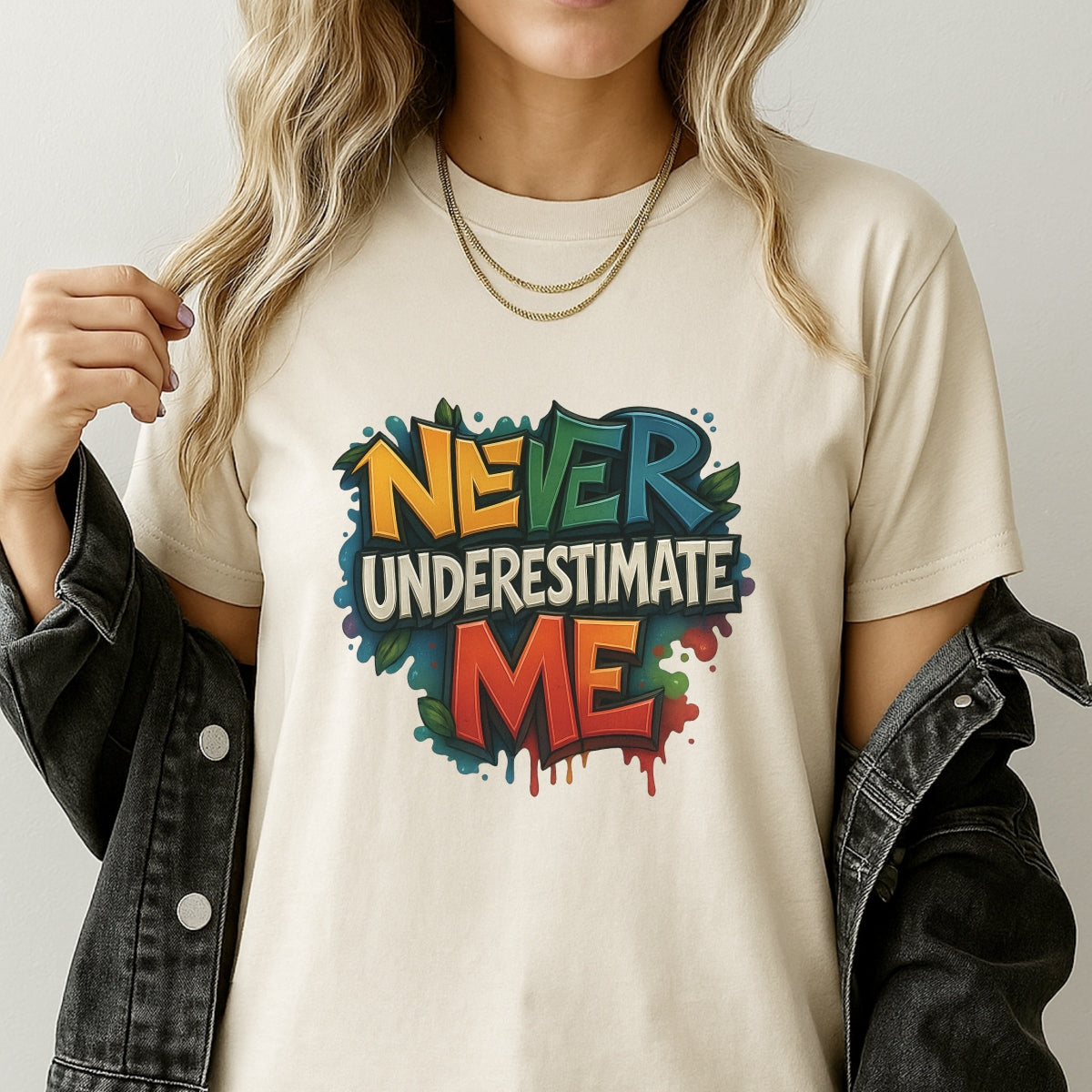 Never Underestimate Me" Graffiti DTF Transfer , Bold Street Style Iron-On Heat Press Decal for DIY T-Shirts,  Hoodies, Bags ,3D Look,  Vibrant Colors,  Motivational Quote Patch