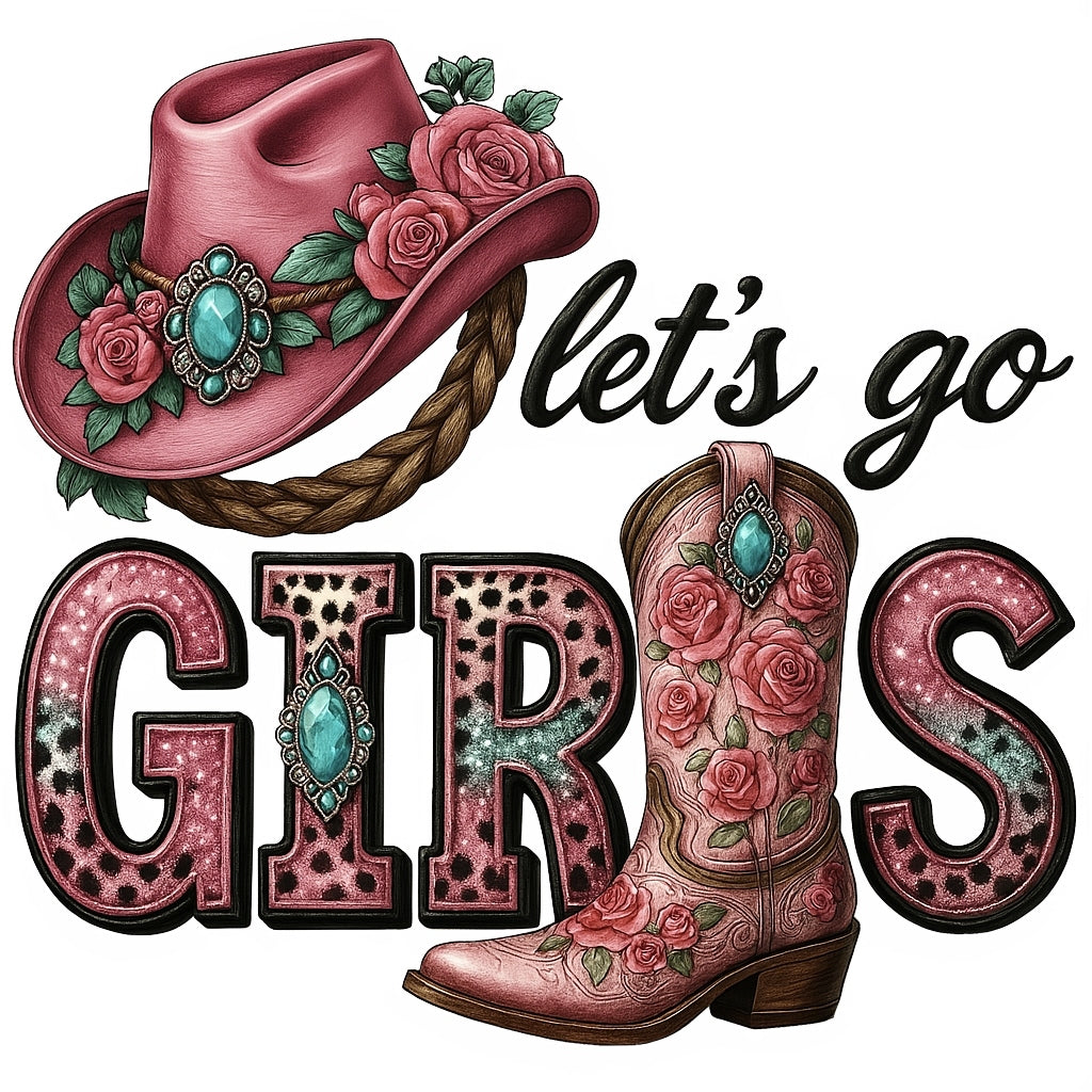 Let’s Go Girls Western DTF Transfer , Pink Cowgirl Hat and Boot Heat Press Iron-On for T-Shirts, Country Rodeo Style, Glitter Vinyl Look