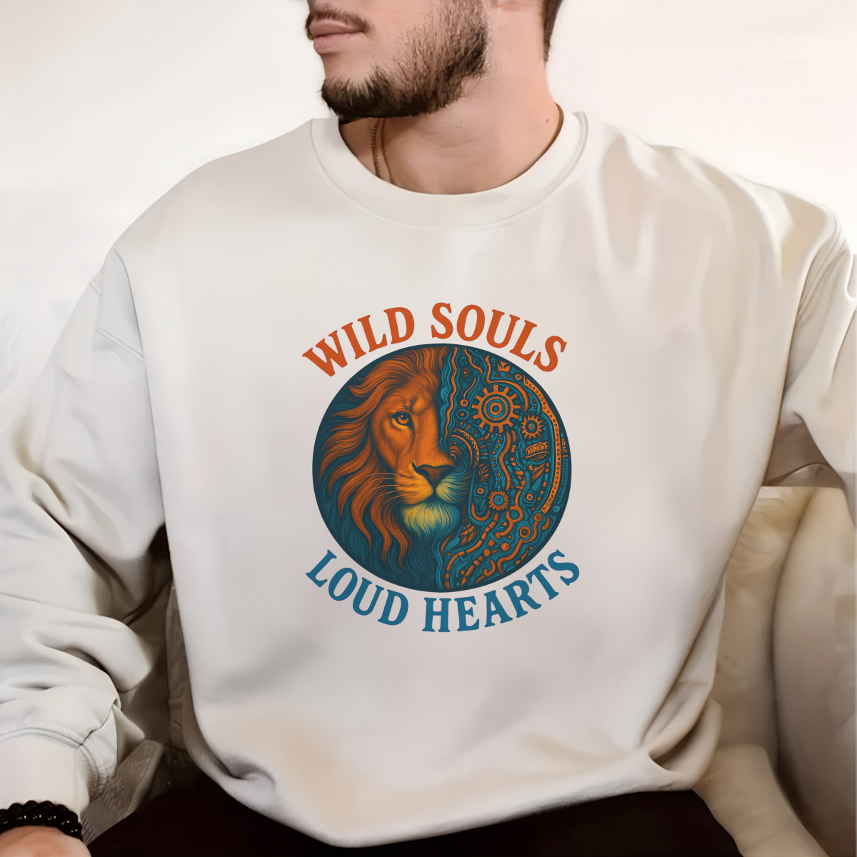 Wild Soul Lion DTF Iron-On Transfer, Steampunk Mechanical Animal Patch for T-Shirts, Hoodies, Jackets, Loud Heart Boho Punk Y2K Heat Press Decal