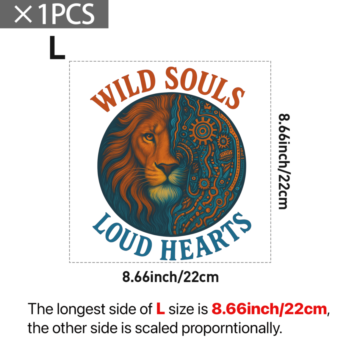 Wild Soul Lion DTF Iron-On Transfer, Steampunk Mechanical Animal Patch for T-Shirts, Hoodies, Jackets, Loud Heart Boho Punk Y2K Heat Press Decal