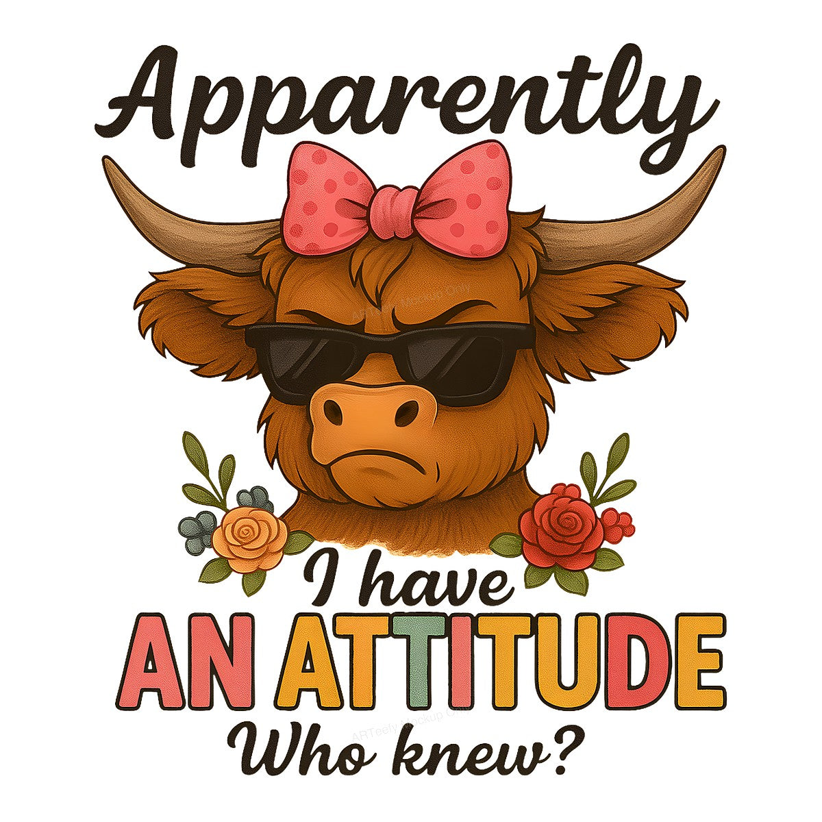DTF Transfer Apparently I Have An Attitude Cow with Sunglasses and Bow Floral Graphic for T Shirts Hoodies and Tote Bags - 1