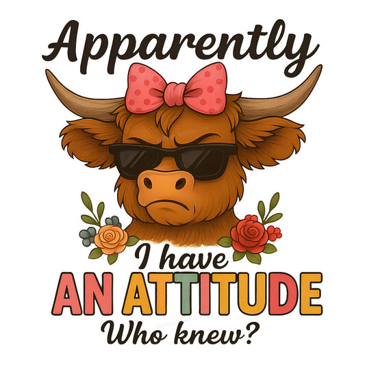 DTF Transfer Apparently I Have An Attitude Cow with Sunglasses and Bow Floral Graphic for T Shirts Hoodies and Tote Bags - 1