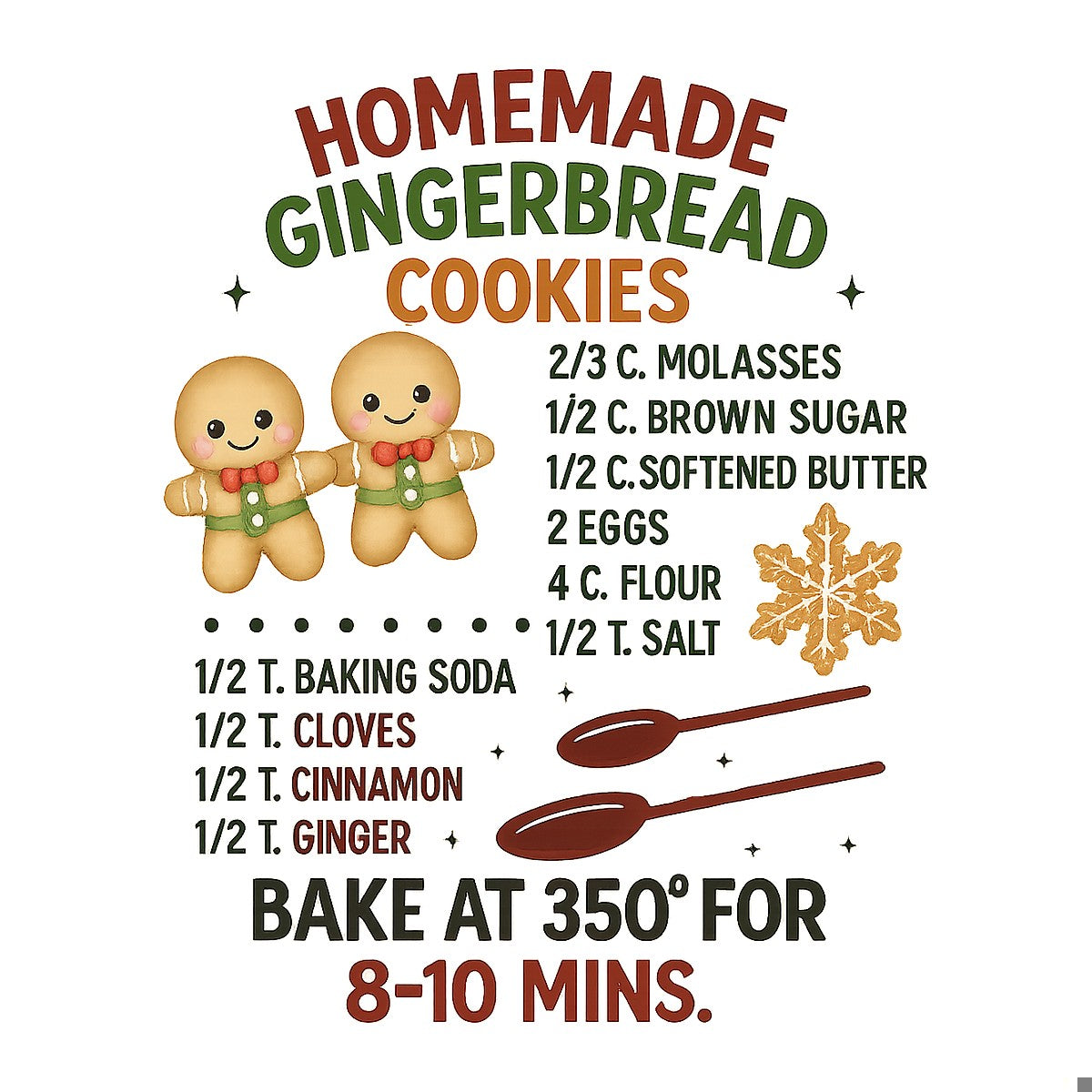 DTF Heat Transfer Iron On Sticker Homemade Gingerbread Cookies Recipe with Cute Gingerbread Man Graphic for Christmas Holiday Baking Decor Aprons Towels and Kitchen Gifts - 1