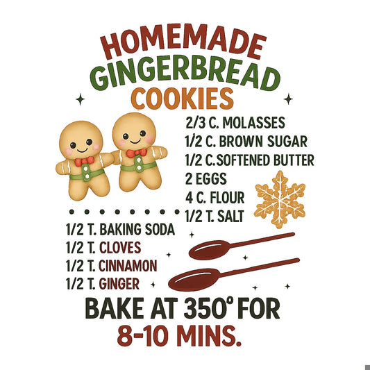 DTF Heat Transfer Iron On Sticker Homemade Gingerbread Cookies Recipe with Cute Gingerbread Man Graphic for Christmas Holiday Baking Decor Aprons Towels and Kitchen Gifts - 1