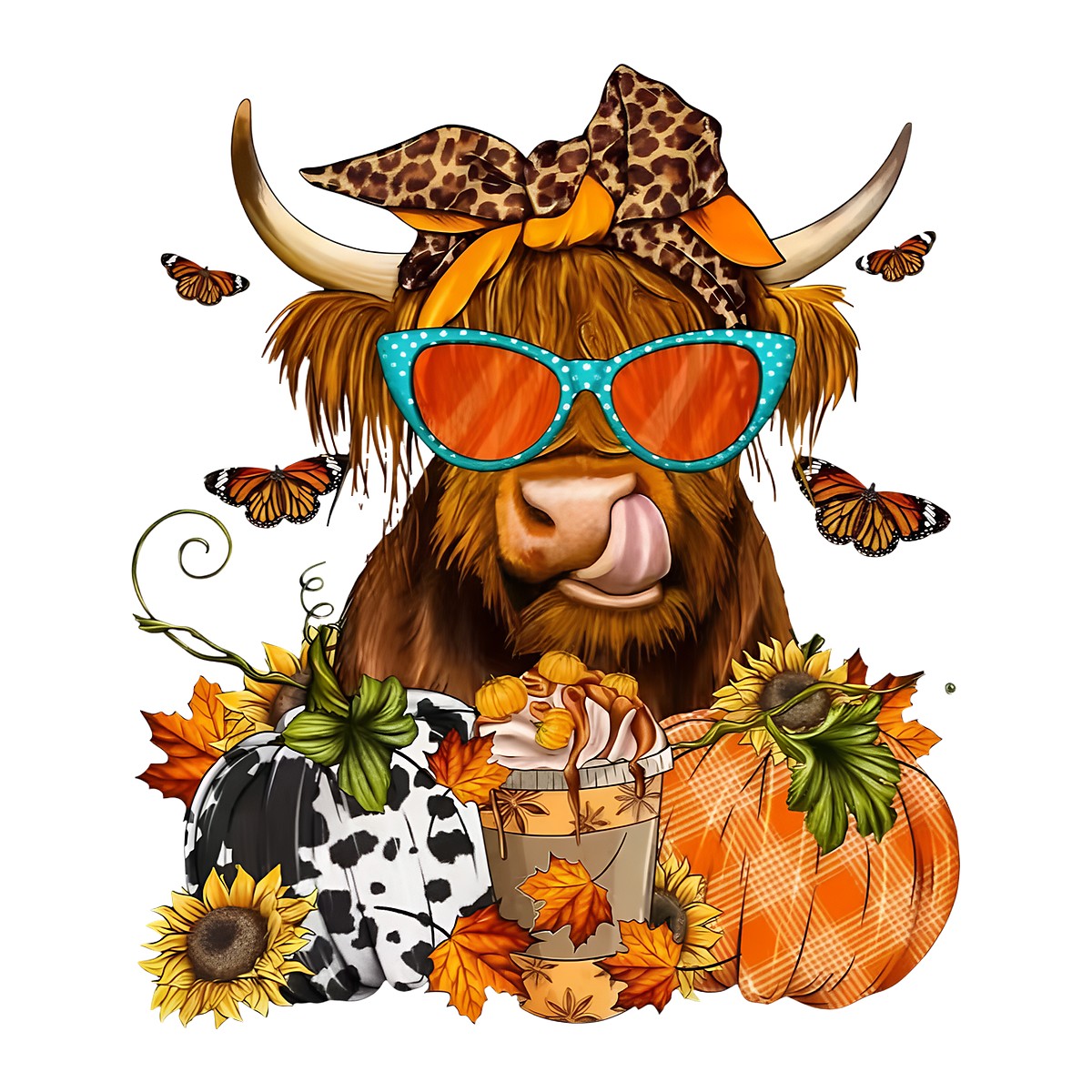 DTF Heat Transfer Iron On Sticker Highland Cow with Sunglasses and Pumpkins for Fall Home Decor T Shirts Hoodies Bags and Halloween Party Favors - 1