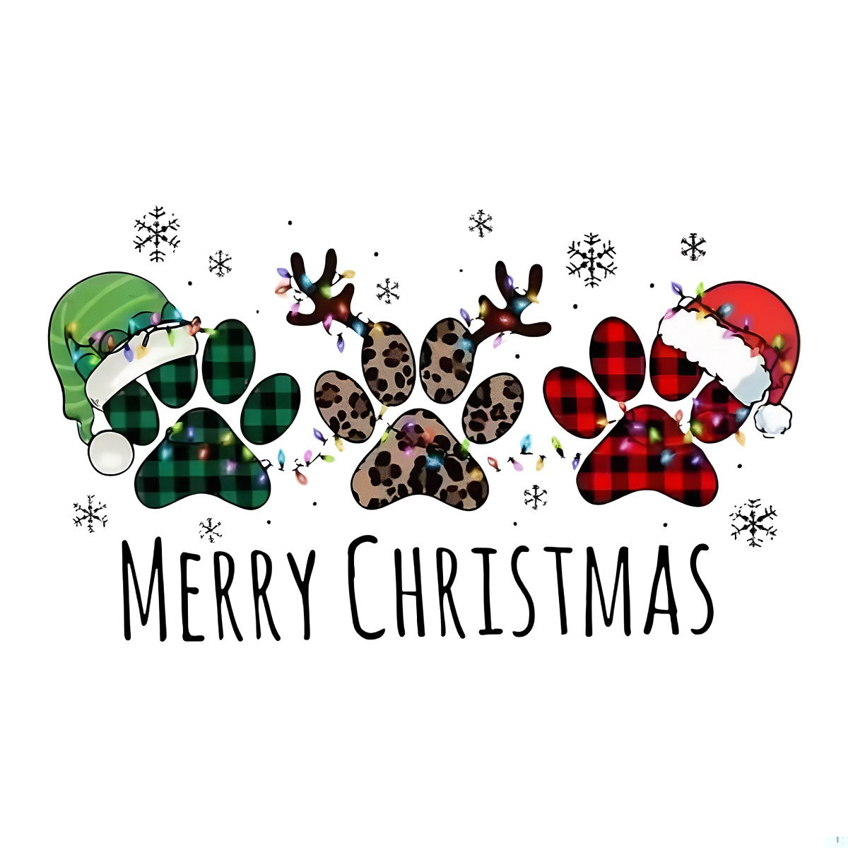 DTF Heat Transfer Iron On Sticker Merry Christmas Paw Prints with Santa Hats Snowflakes and Christmas Lights for Holiday T Shirts Hoodies Bags Home Decoration and Family Celebration - 1