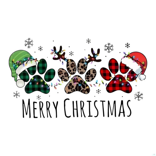 DTF Heat Transfer Iron On Sticker Merry Christmas Paw Prints with Santa Hats Snowflakes and Christmas Lights for Holiday T Shirts Hoodies Bags Home Decoration and Family Celebration - 1