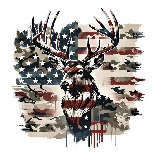 DTF Heat Transfer Patriotic Deer with American Flag Camo Graphic for T Shirts Hoodies and Hunting Apparel - 1