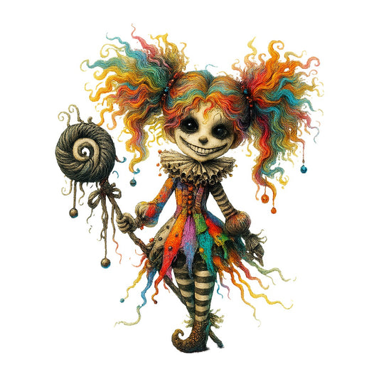 DTF Heat Transfer Iron On Sticker Whimsical Clown with Colorful Hair and Striped Costume for Halloween Decorations Party Favors and Apparel - 1