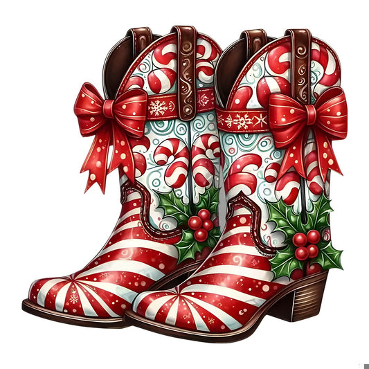 DTF Heat Transfer Iron On Sticker Christmas Candy Cane Cowgirl Boots Festive Holiday Apparel for T Shirts Hoodies Bags and Home Decor - 1