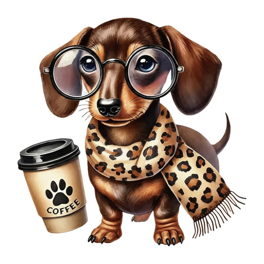 DTF Heat Transfer Iron On Sticker Cute Dachshund with Coffee Cup and Leopard Scarf for Fall Home Decor T Shirts Hoodies and Tote Bags - 1