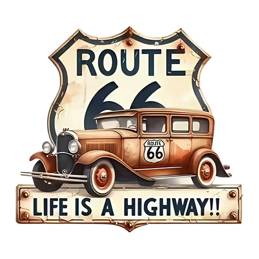 DTF Heat Transfer Iron On Sticker Vintage Route 66 Life is a Highway Retro Car Graphic for Apparel Bags Jackets and Home Decor - 1
