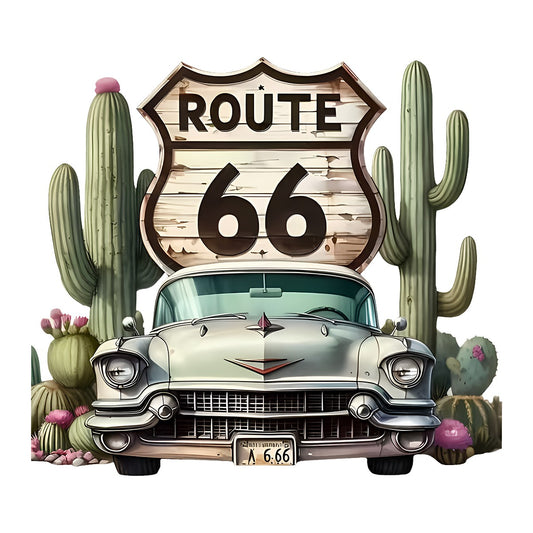 DTF Heat Transfer Iron On Sticker Vintage Route 66 Cactus and Classic Car Graphic for Retro Apparel Bags Jackets and Home Decor - 1