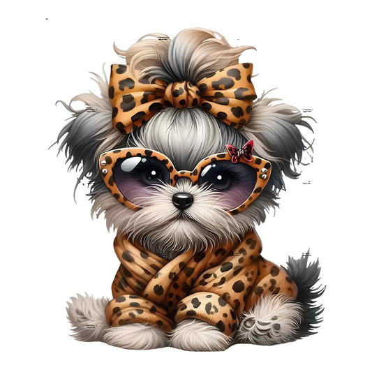 DTF Heat Transfer Iron On Sticker Cute Shih Tzu Puppy in Leopard Print Outfit for Animal Lovers Apparel Bags Jackets and Home Decor - 1