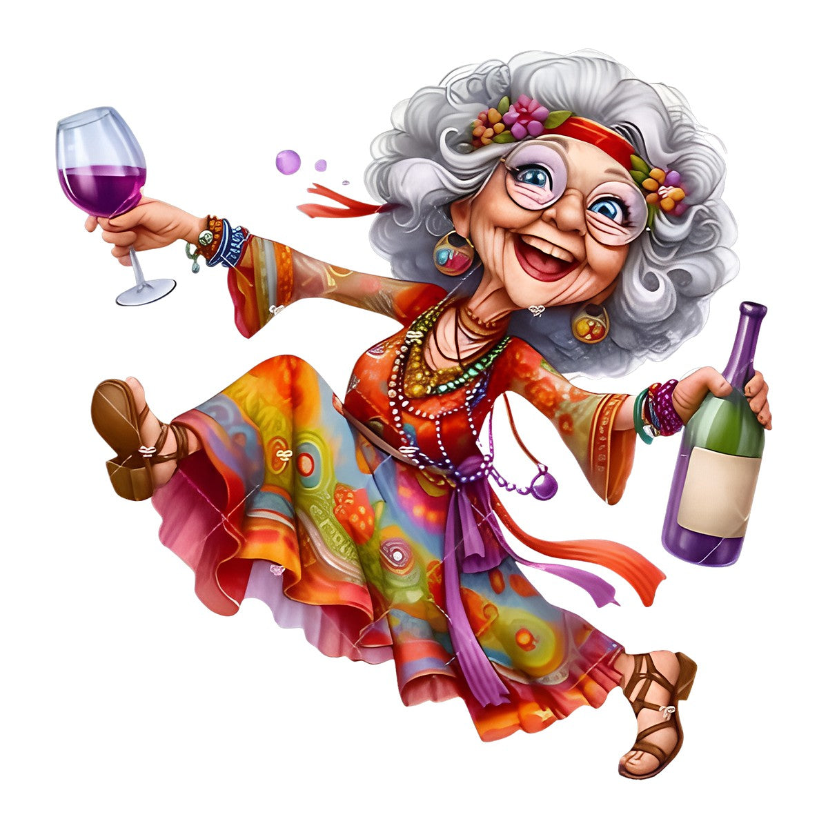 DTF Heat Transfer Iron On Sticker Vintage Bohemian Woman Holding Wine Glass and Bottle Colorful Dress for Fall Home Decor Apparel Bags and Party Celebration - 1