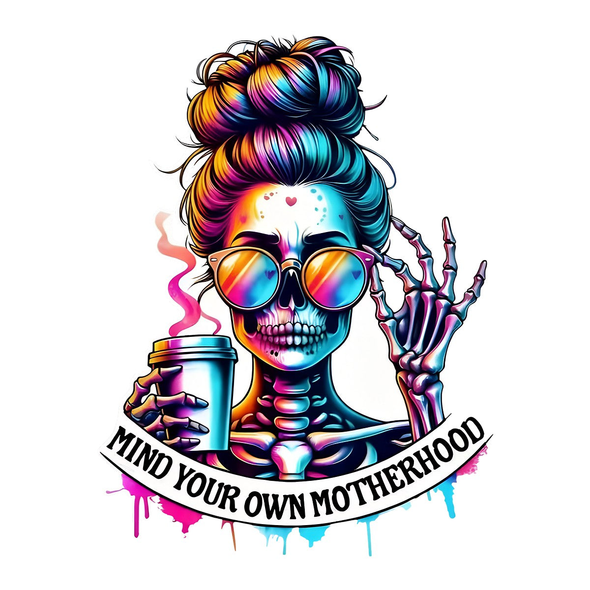 DTF Heat Transfer Iron On Sticker Skull Mom with Coffee and Sunglasses for Halloween Decor T Shirts Bags and Home Decoration - 1