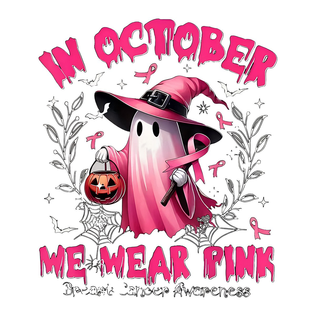 DTF Heat Transfer Iron On Sticker Pink Ghost with Witch Hat and Pumpkin Breast Cancer Awareness for Halloween Shirts and Home Decor - 1