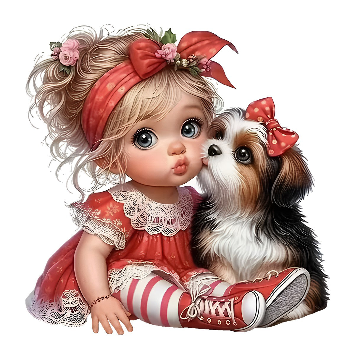 DTF Heat Transfer Iron On Sticker Cute Baby Girl with Puppy Red Dress and Headband for Apparel Bags and Nursery Decor - 1