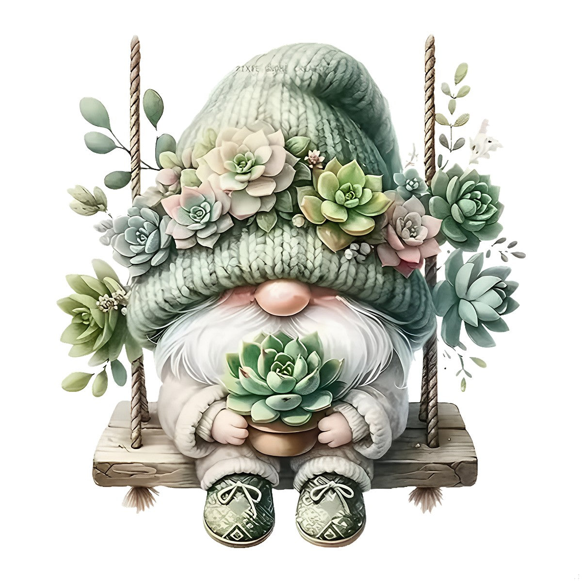 DTF Heat Transfer Iron On Sticker Gnome with Succulent Plants in Green Knit Hat for Fall Home Decor T Shirts Hoodies Bags and Seasonal Gifts - 1