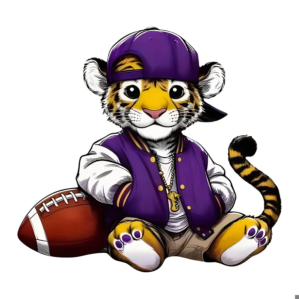 DTF Heat Transfer Iron On Sticker Cute Sporty Tiger with Purple Cap and Football Graphic for Apparel Bags Jackets and Home Decor - 1