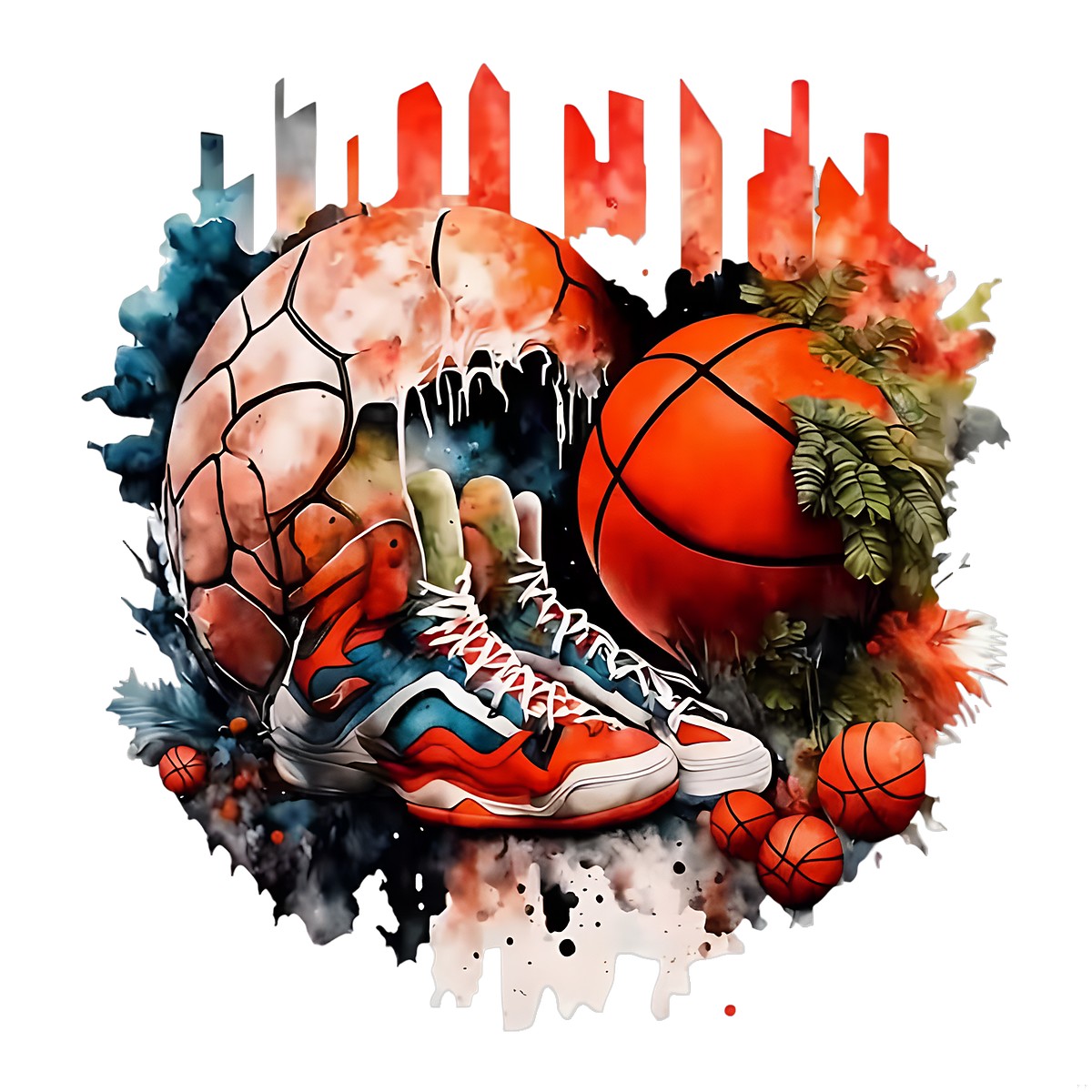 DTF Heat Transfer Iron On Sticker Basketball Skull and City Skyline Graphic for Halloween Decorations T Shirts Hoodies and Home Decor - 1
