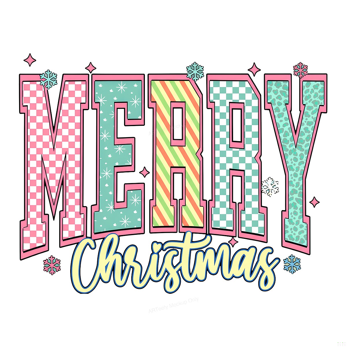 DTF Heat Transfer Iron On Sticker Heat Transfer Designs Ready to Press Merry Christmas Lettering Colorful Patterns for Holiday Apparel Decorations Clearance - 1