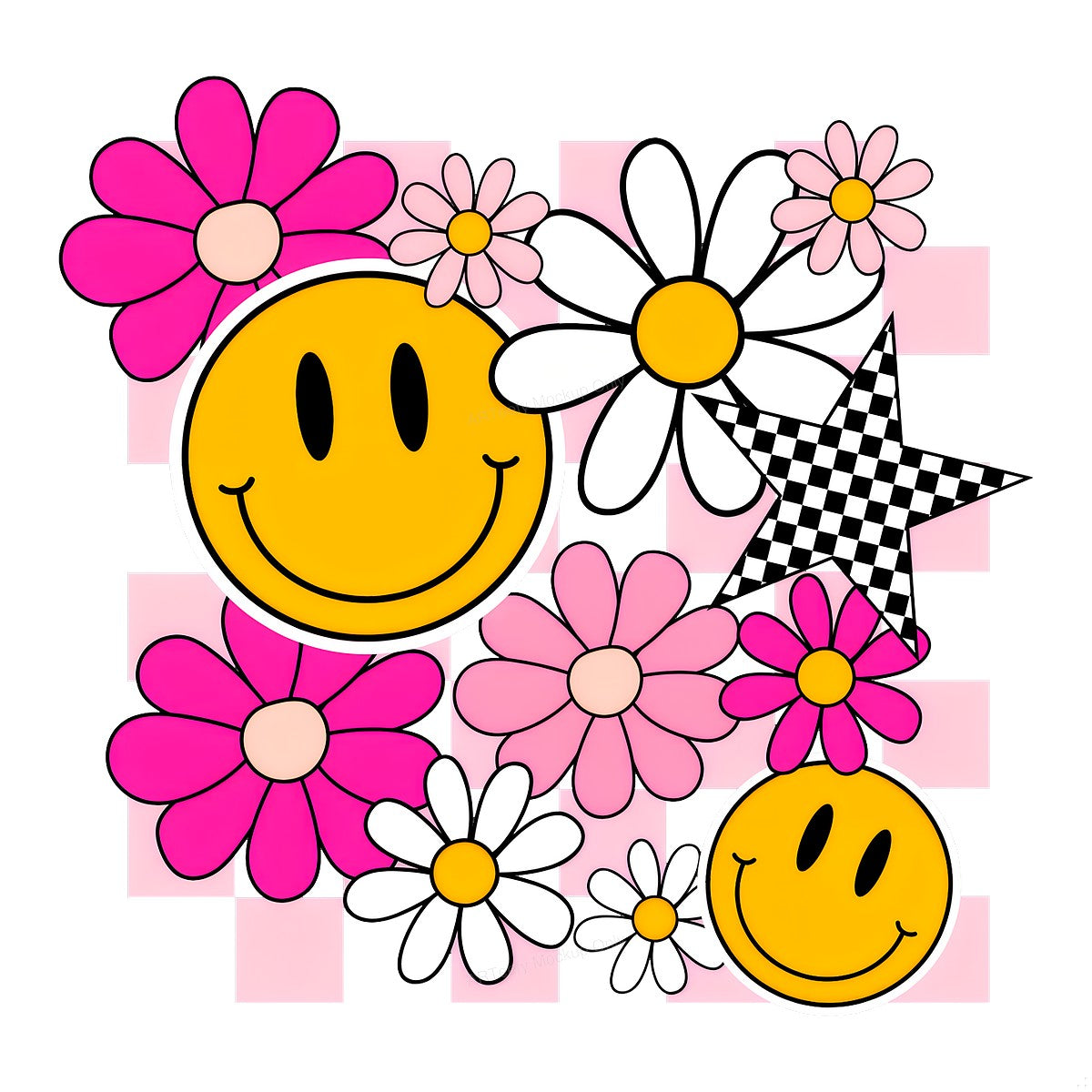 DTF Heat Transfer Iron On Sticker DTF Transfers Ready to Press Smiley Face with Checkered Star and Pink Flowers for T Shirts Hoodies Local Warehouse - 1