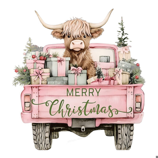 DTF Heat Transfer Iron On Sticker Heat Transfer Designs Ready to Press Christmas Highland Cow with Presents in Pink Truck for Holiday Apparel Local Warehouse - 1
