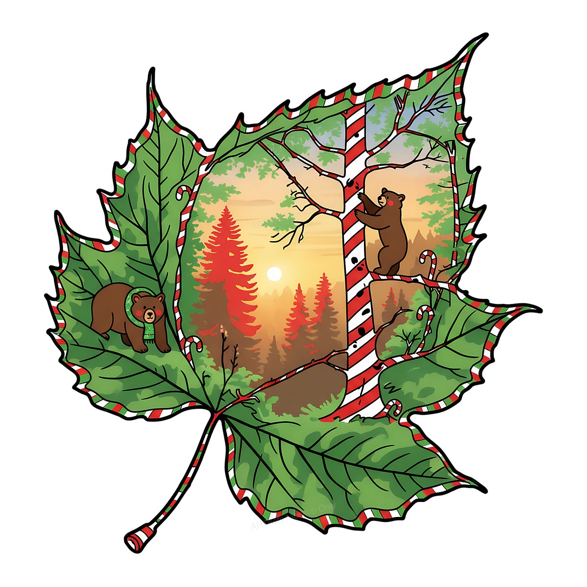 DTF Heat Transfer Iron On Sticker Heat Transfer Designs Ready to Press Festive Forest Bears on Candy Cane Striped Leaves for Christmas Apparel Decor Local Warehouse - 1