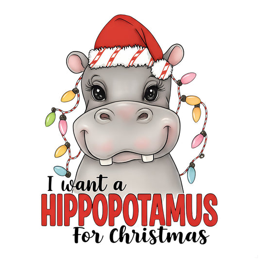 DTF Heat Transfer Iron On Sticker Iron On Transfers for T Shirts Christmas Hippopotamus Design with Santa Hat Lights for Holiday Apparel Gifts Clearance - 1